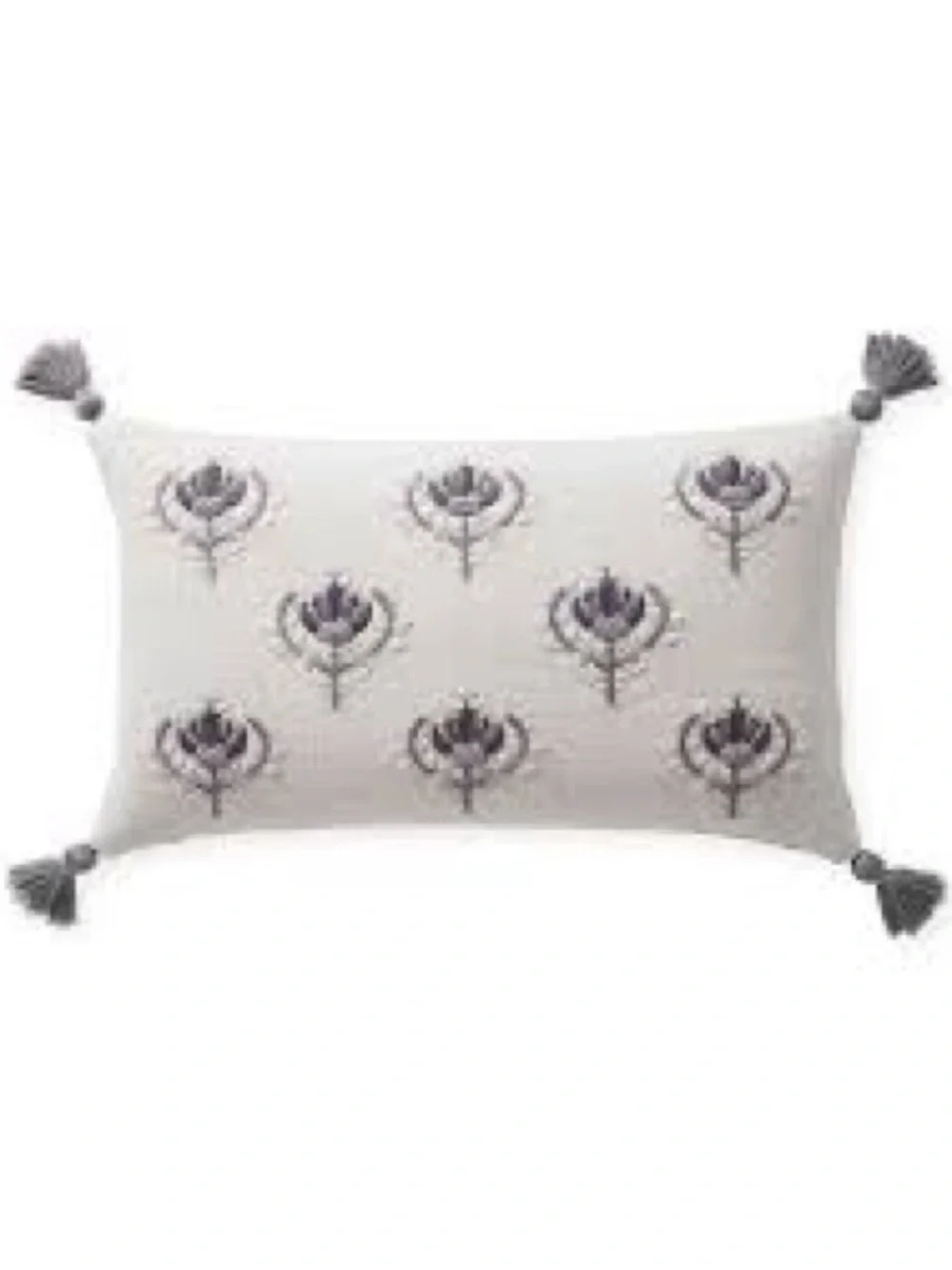 Serena & Lily Cream Lumbar Pillow Case Gray Floral Embroidery Tassels Size 12x21